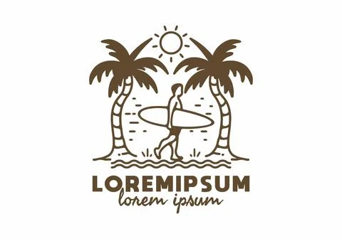 Surfer and coconut tree line art with lorem ipsum text Stock-Illustration