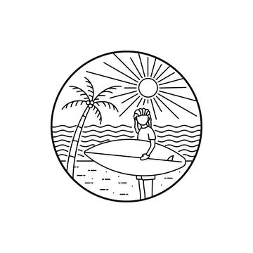 A surfer on a beach in summer in mono line art Stock Illustration