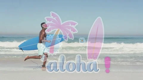 Surfer with blue surfboard running to surf after board sliding in, travel aloha Video stock 333774907
