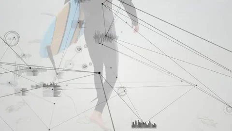 Surfer body featuring digital node overlay while holding pastel surfboard on Video stock 308206696