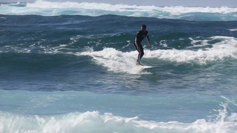 Surfer Catches Ocean Wave on longboard Vídeo Stock 128655359