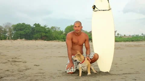 Surfer with dog on beach Stock Footage 10797466