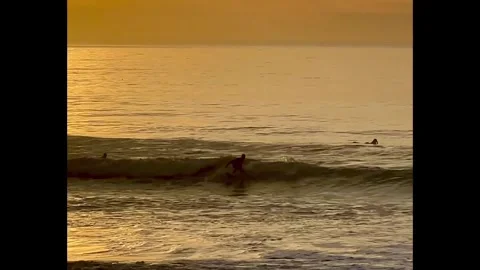 A surfer embracing the wave at sunset at the beach Stock Footage 318626631