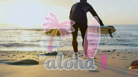 Surfer entering right walking to water fixing leash for surf pink aloha overlay Video stock 333193339