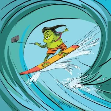 Surfer frog selfie wave Stock Illustration