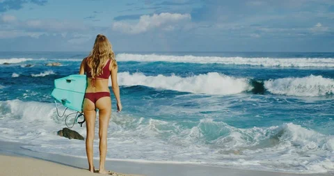 Surfer Girl at the Beach Stock Footage 88343897