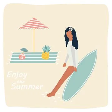 Surfer gitrl resting on the beach. vintage poster Stock Illustration