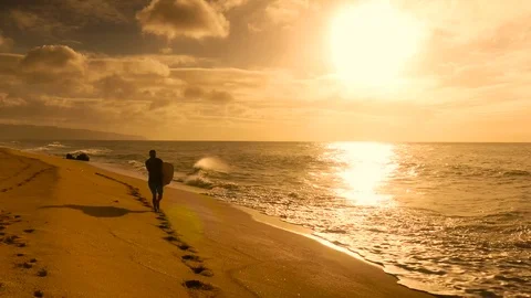 Surfer holding surfboard and walking on the beach during sunset Stock Footage 71837234