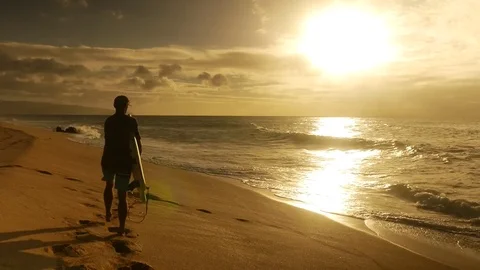 Surfer holding surfboard and walking into water during sunset Stock Footage 71837243