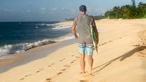 Surfer holding surfboard and walking on the beach Hawaii Stock Footage 71837292