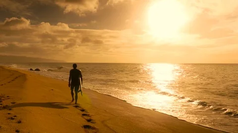 Surfer holding surfboard and walking on the beach during sunset Stock Footage 71837388