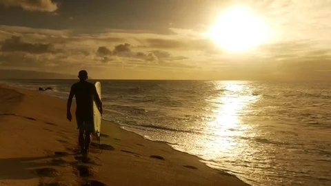 Surfer holding surfboard and walking on the beach during sunset Stock Footage 71837488