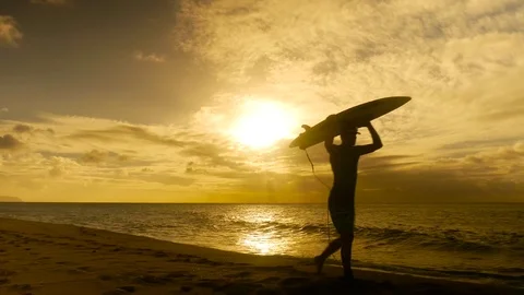 Surfer holding surfboard and walking on the beach during sunset Stock Footage 71837500