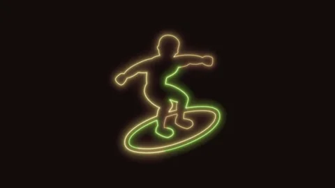 Surfer Icon Neon Seamless Loop 4K (Black Background) Video stock 310360803