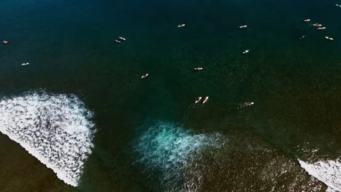 Surfer Lineup Waiting Beyond Breaking Waves in Malibu Stock Footage 346546871