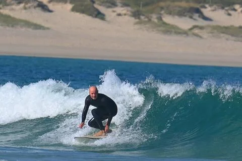 Surfer man in dynamic action off Ferrol, Spain (8) , 15/06/2025 Stock Photos