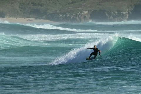 Surfer man in dynamic action off Ferrol, Spain (10)  , 15/06/2025 Stock Photos