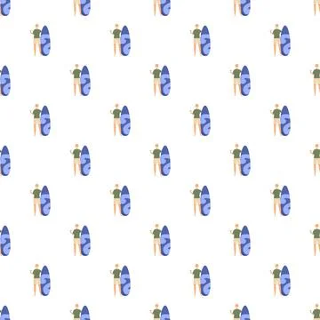 Surfer man with surfboard standing seamless pattern Ilustración de archivo