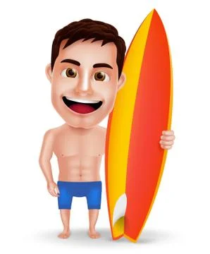 Surfer Man Vector Character with Muscles Holding Surfboard Stock Illustration
