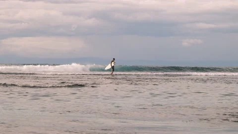 Surfer moves through shallow water. Surfer walks along reefs, carefully stepping Stock-Footage 196868458