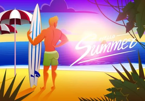 Surfer on the ocean beach at sunset with surfboard. vector illustration, vintage Stock Illustration