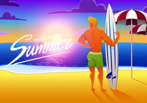 Surfer on the ocean beach at sunset with surfboard. vector illustration, vintage Stock Illustration