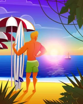 Surfer on the ocean beach at sunset with surfboard. vector illustration, vintage Stock Illustration