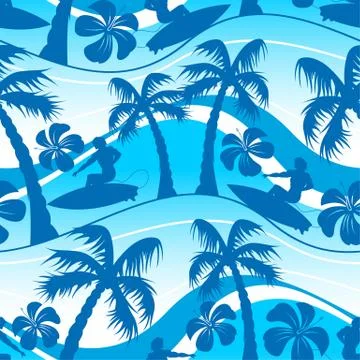 Surfer with palm tree seamless pattern Stock Illustration