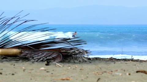 Surfer riding a blue wave on a tropical beach in Costa Rica Stock Footage 336875671