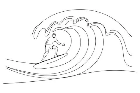 Surfer riding a breaking wave in continuous line art style Illustrazione stock