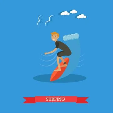 Surfer riding on ocean wave, vector illustration in flat style Stock Illustration