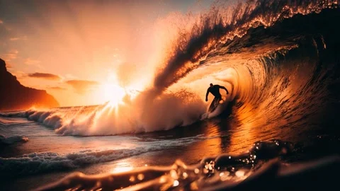 Surfer riding Ocean Waves at Sunset: A Stunning Beach Landscape, dusk shore Stock Footage 232879992