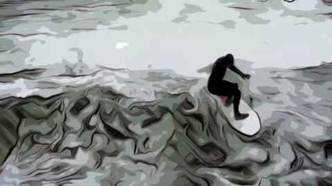 Surfer riding wave at beach in comic style 스톡 동영상 138885026