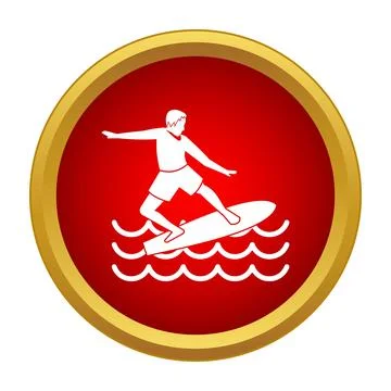 Surfer riding wave icon in red circle Stock Illustration