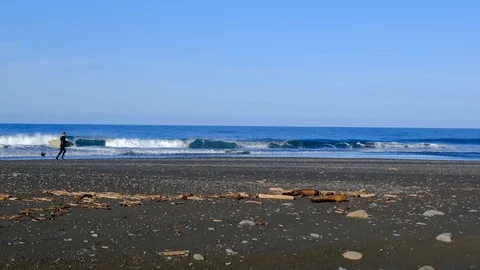 Surfer running across beach heading to water Vidéo 108629591