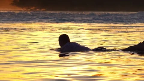 Surfer in sea at sunset time, evening shot Stock Footage 295759205