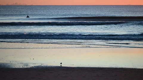 Surfer silhouette drifting across calm sunset water Vidéo 329205155