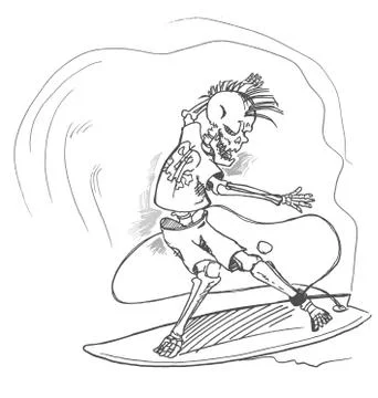 Surfer skeleton hand drow on wave Stockillustratie