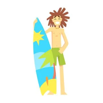Surfer Standing With Surf Board, Part Of Teenagers Practicing Extreme Sports For Stock Illustration