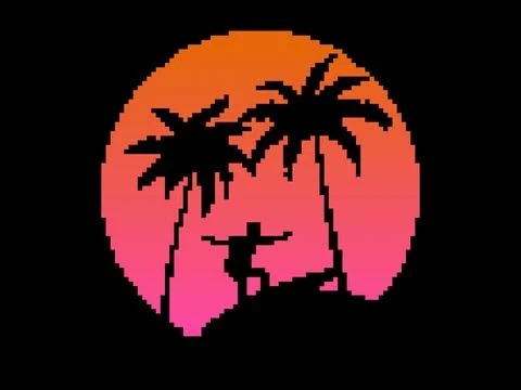 Surfer at sunset with palm trees in pixel art style. Retro sunset with palm.. Stock Illustration