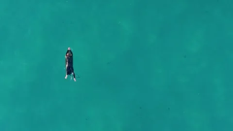 Surfer On Surfboard Floating On Sea Surface. topdown shot Vidéo 268857795