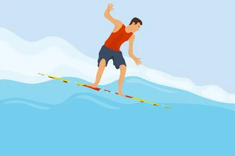 Surfer, surfer swims over the waves on a surfboard. Flat design, vector Stock Illustration