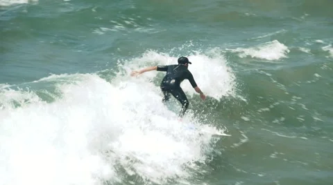 Surfer Surfing Wave in Slow Motion, Venice Beach California Coast Stock Footage 67909626