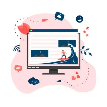 Surfer surfing a wave web page vector illustration. Web page surfing concept	 Stock Illustration