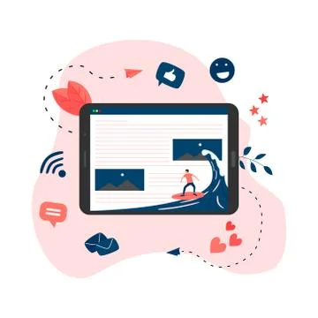 Surfer surfing a wave web page vector illustration. Web page surfing concept	 Stock Illustration