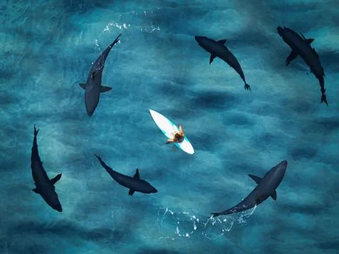 Surfer surrounded from six sharks. drone view. 3d rendering Stock Illustration