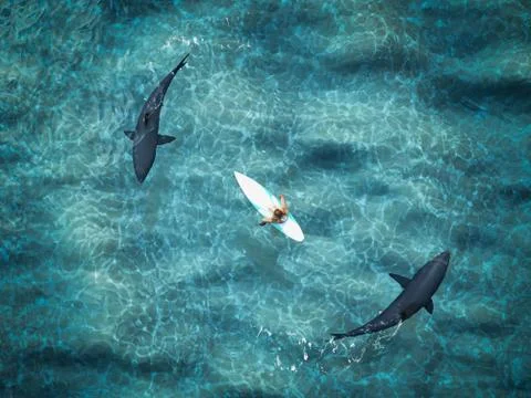 Surfer surrounded from two sharks. drone view. 3d rendering Stock Illustration