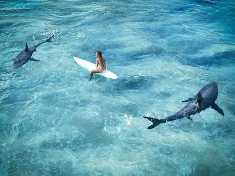 Surfer surrounded from two sharks. drone view. 3d rendering Stock Illustration