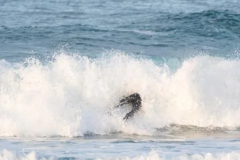 Surfer swallowed by a big wave on a beach on the north coast of Spain Stock Photos