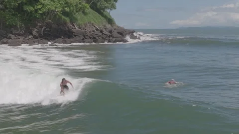 Surfer taking wave standing up on board Video stock 345225301